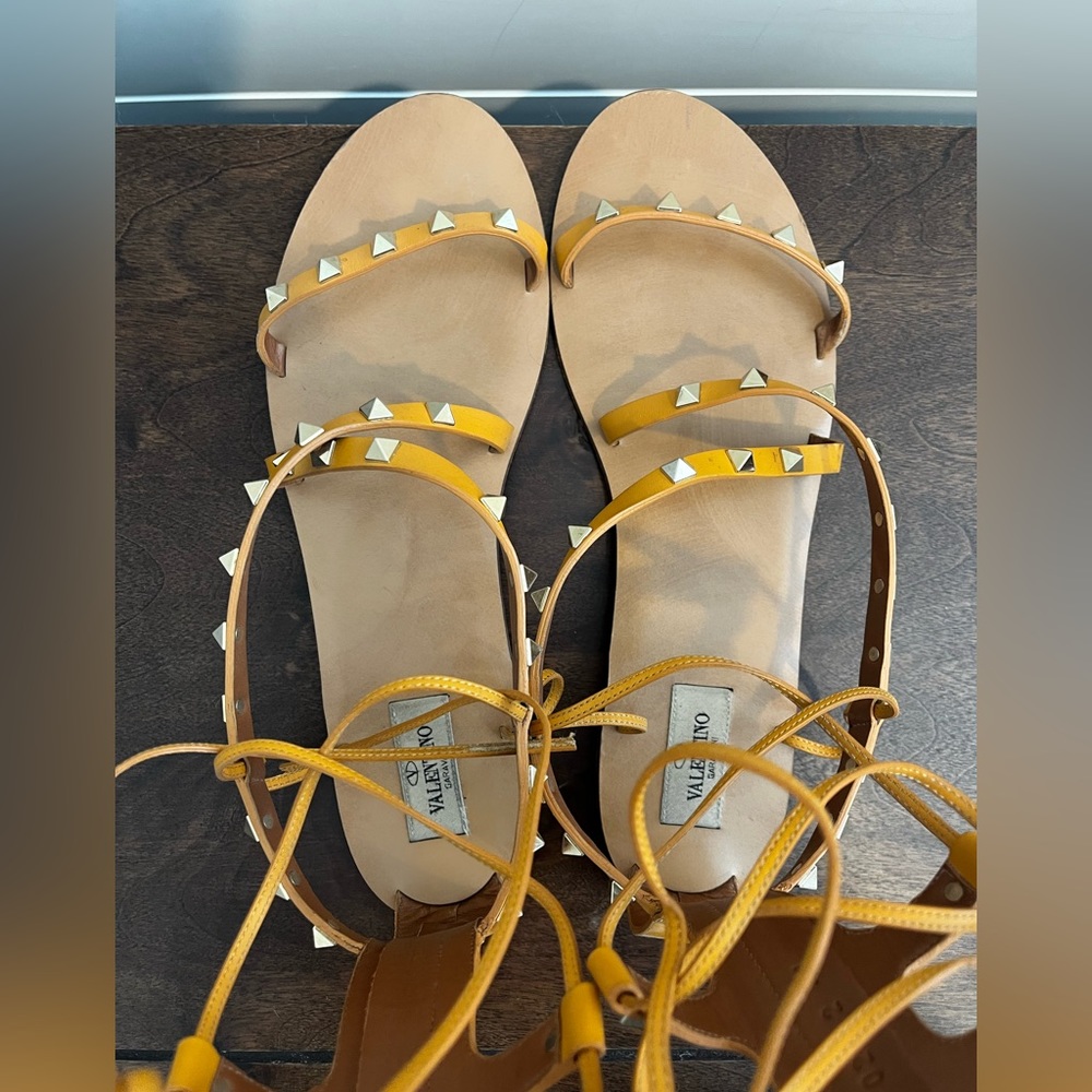 Valentino Gladiator Sandals in Mustard with Studs, Zipper, and Ties — Like New!